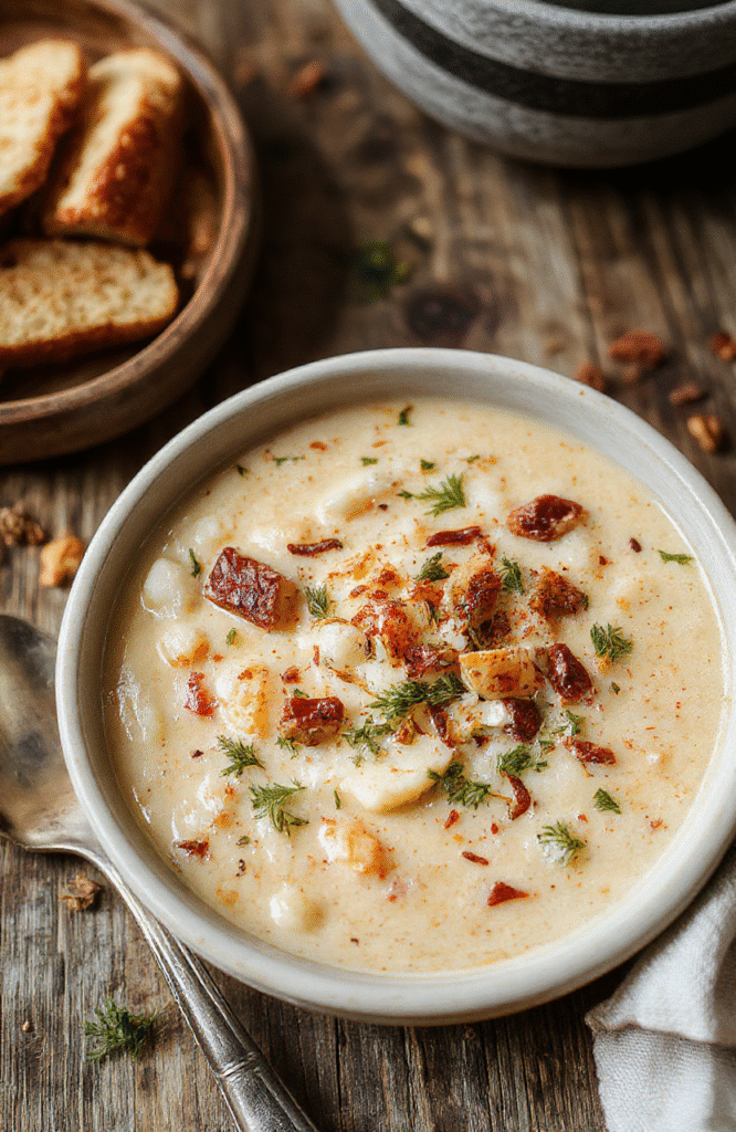 A warm bowl of wild rice soup with chunks of vegetables and tender rice, garnished with fresh herbs, served on a rustic wooden table with autumn leaves nearby, highlighting rich colors and creamy textures.