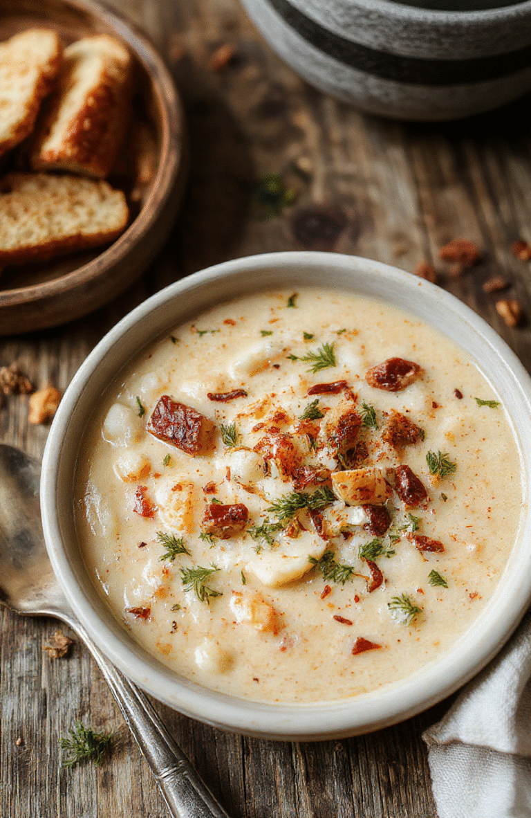 A warm bowl of wild rice soup with chunks of vegetables and tender rice, garnished with fresh herbs, served on a rustic wooden table with autumn leaves nearby, highlighting rich colors and creamy textures.
