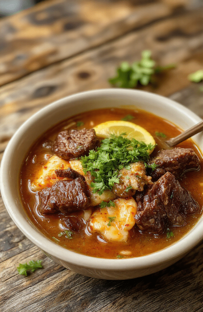 A steaming bowl of beef ramen with tender beef slices, soft boiled eggs, green onions, and noodles in a rich broth, beautifully plated with chopsticks resting on the side, styled on a rustic wooden surface with a cozy, warm ambiance.