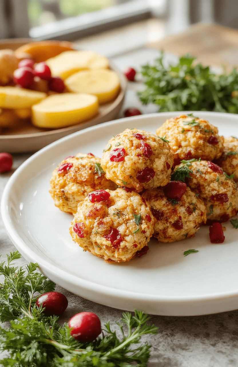 A close-up of golden brown stuffing balls filled with vibrant red cranberries, arranged on a white platter with sprigs of fresh herbs and a festive holiday background, showcasing crispy exterior and moist interior, styled with a seasonal touch.
