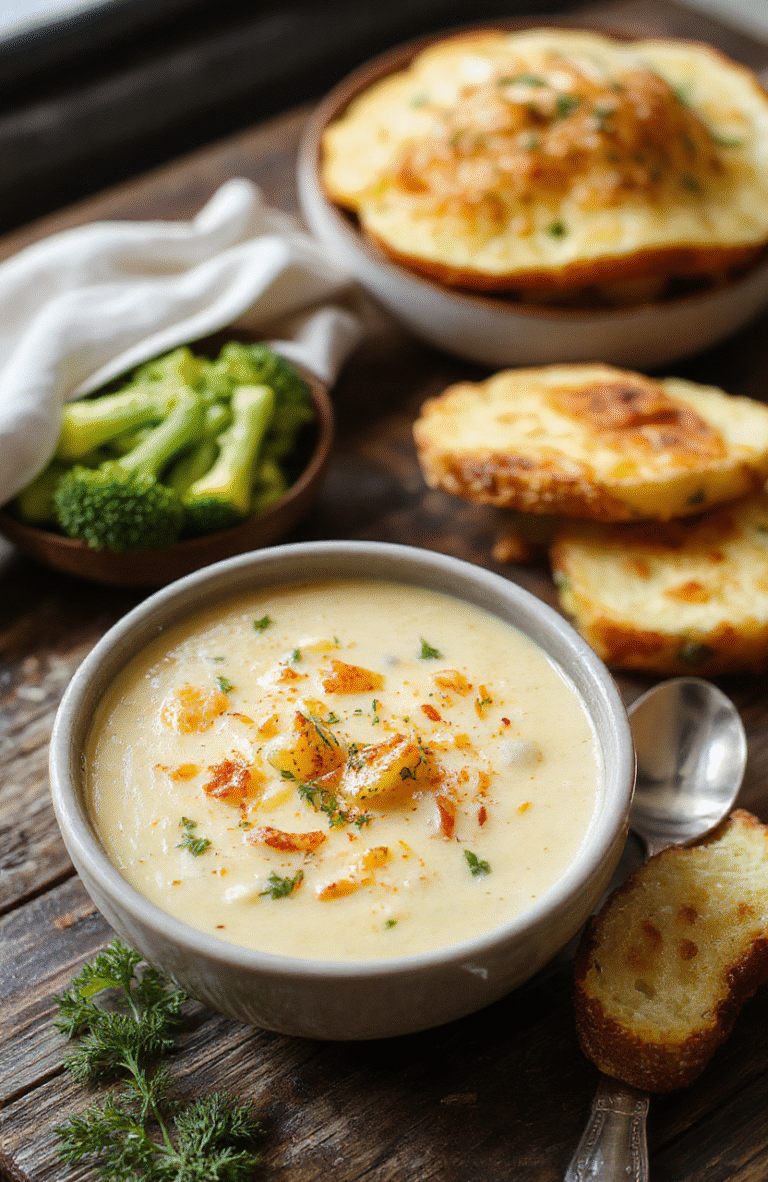 A warm bowl of creamy broccoli cheddar potato soup topped with shredded cheddar cheese and fresh broccoli florets, served on a rustic wooden table with a spoon beside it, vibrant green broccoli contrasting with rich golden yellow cheese, steam rising to evoke warmth and comfort in a cozy setting.