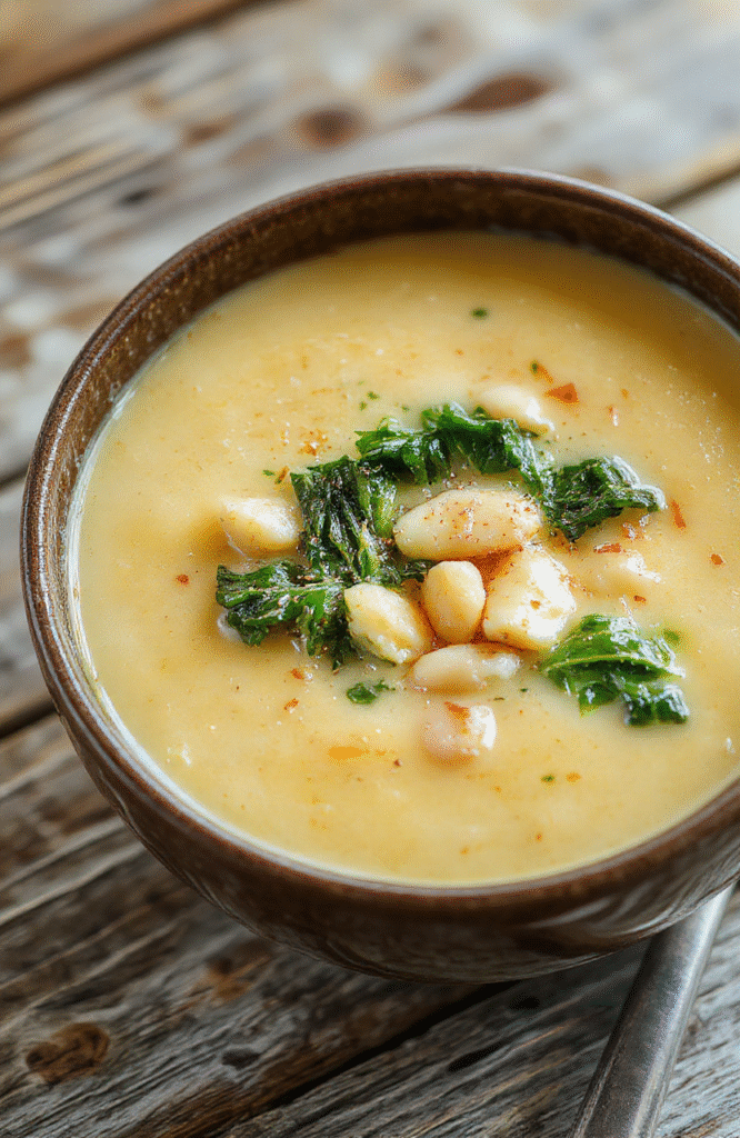 A warm bowl of creamy butternut squash soup topped with fresh kale, white beans, and a drizzle of olive oil. The bowl is placed on a rustic wooden table with seasonal decor, highlighting vibrant orange squash, green kale, and white beans, creating a cozy and inviting fall atmosphere.
