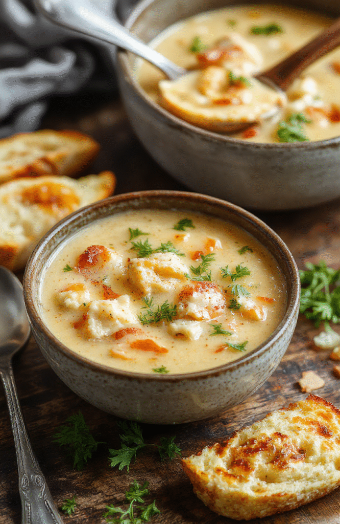 A creamy, cheesy crack chicken soup served in a rustic bowl, topped with melted cheese, chopped green onions, and crispy bacon bits, with a side of crusty bread on a light wooden table, vibrant colors, textured ingredients, styled casually for an inviting look.
