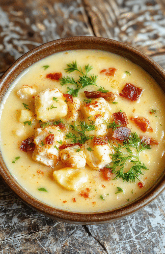 A bowl of creamy chicken bacon gnocchi soup with crispy bacon pieces, tender gnocchi, chopped herbs, creamy broth, served on a rustic wooden table with a spoon.