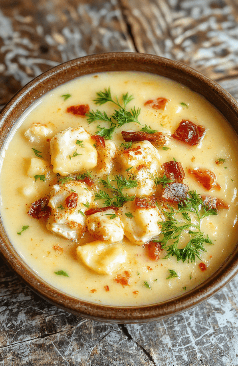 A bowl of creamy chicken bacon gnocchi soup with crispy bacon pieces, tender gnocchi, chopped herbs, creamy broth, served on a rustic wooden table with a spoon.