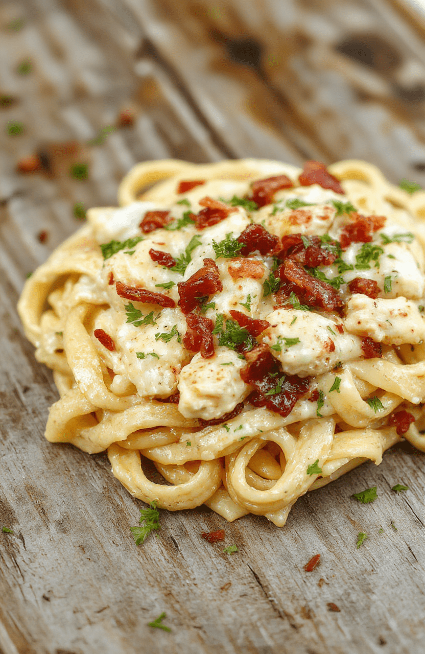 A bowl of creamy chicken bacon ranch pasta topped with crispy bacon and fresh herbs, showcasing a rich, cheesy texture with tender pasta and colorful garnishes, styled on a rustic wooden table with a warm, inviting atmosphere.