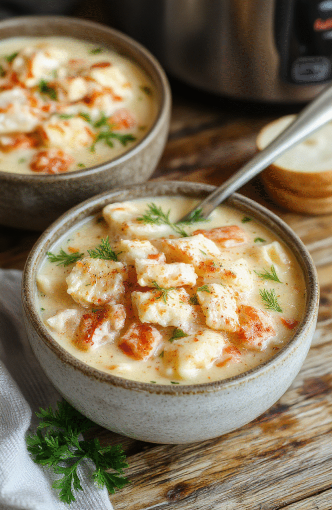 A steaming bowl of creamy chicken pasta soup featuring tender shredded chicken, al dente pasta, and fresh herbs in a rich, velvety broth, garnished with a sprinkle of grated cheese and chopped parsley, presented on a rustic wooden table with a warm, inviting atmosphere.