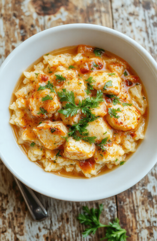 A creamy chicken and rice dish served in a white bowl, topped with fresh herbs. The rice is fluffy and coated with a rich, creamy sauce, paired with tender shredded chicken. The background features a rustic wooden table and natural daylight, highlighting the textures and inviting colors of the dish.