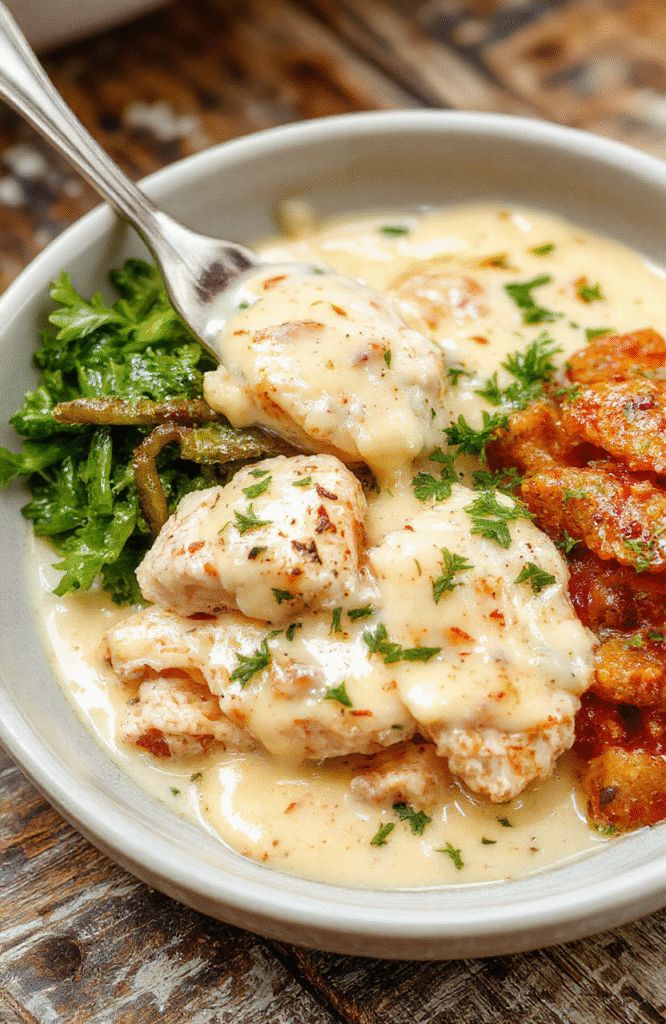 A creamy chicken Alfredo served in a white bowl, topped with freshly chopped parsley, with fettuccine noodles and tender shredded chicken visible, garnished with grated Parmesan cheese. The dish is styled on a rustic wooden table with a drizzle of Alfredo sauce around it, evoking a warm, inviting meal scene.