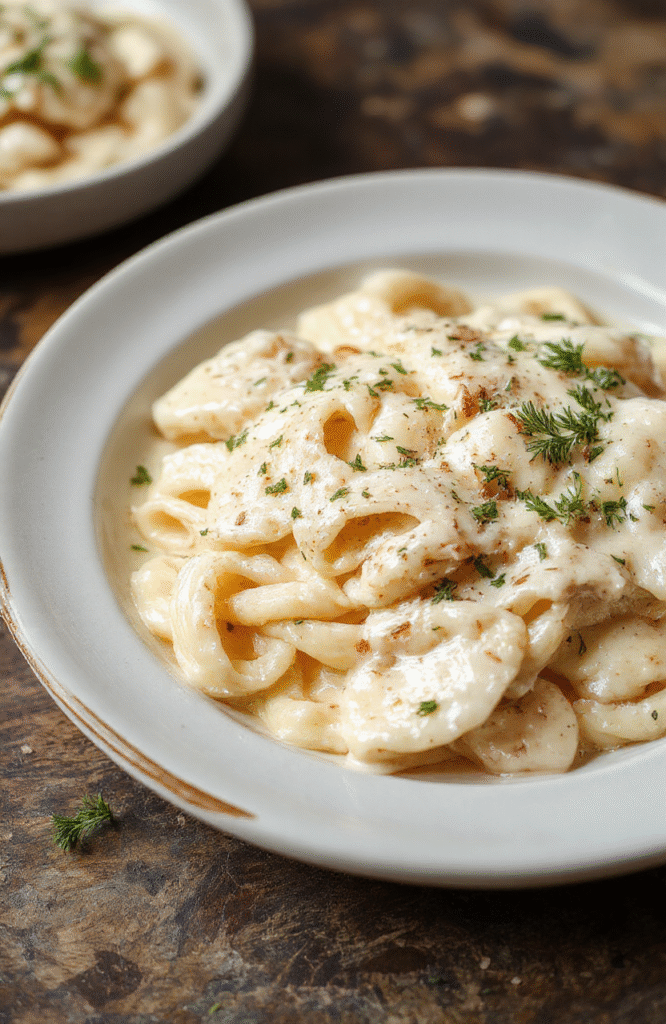 A close-up of a steaming plate of creamy fettuccine Alfredo topped with grated Parmesan cheese, garnished with fresh parsley, served on a rustic white plate with a light creamy sauce coating the pasta and a sprinkle of black pepper, styled on a wooden table with natural lighting highlighting the rich textures and vibrant colors.