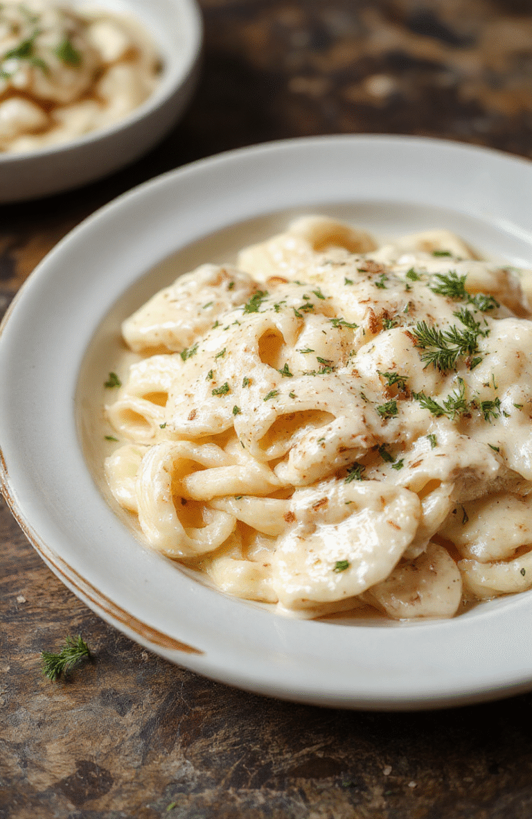 A close-up of a steaming plate of creamy fettuccine Alfredo topped with grated Parmesan cheese, garnished with fresh parsley, served on a rustic white plate with a light creamy sauce coating the pasta and a sprinkle of black pepper, styled on a wooden table with natural lighting highlighting the rich textures and vibrant colors.