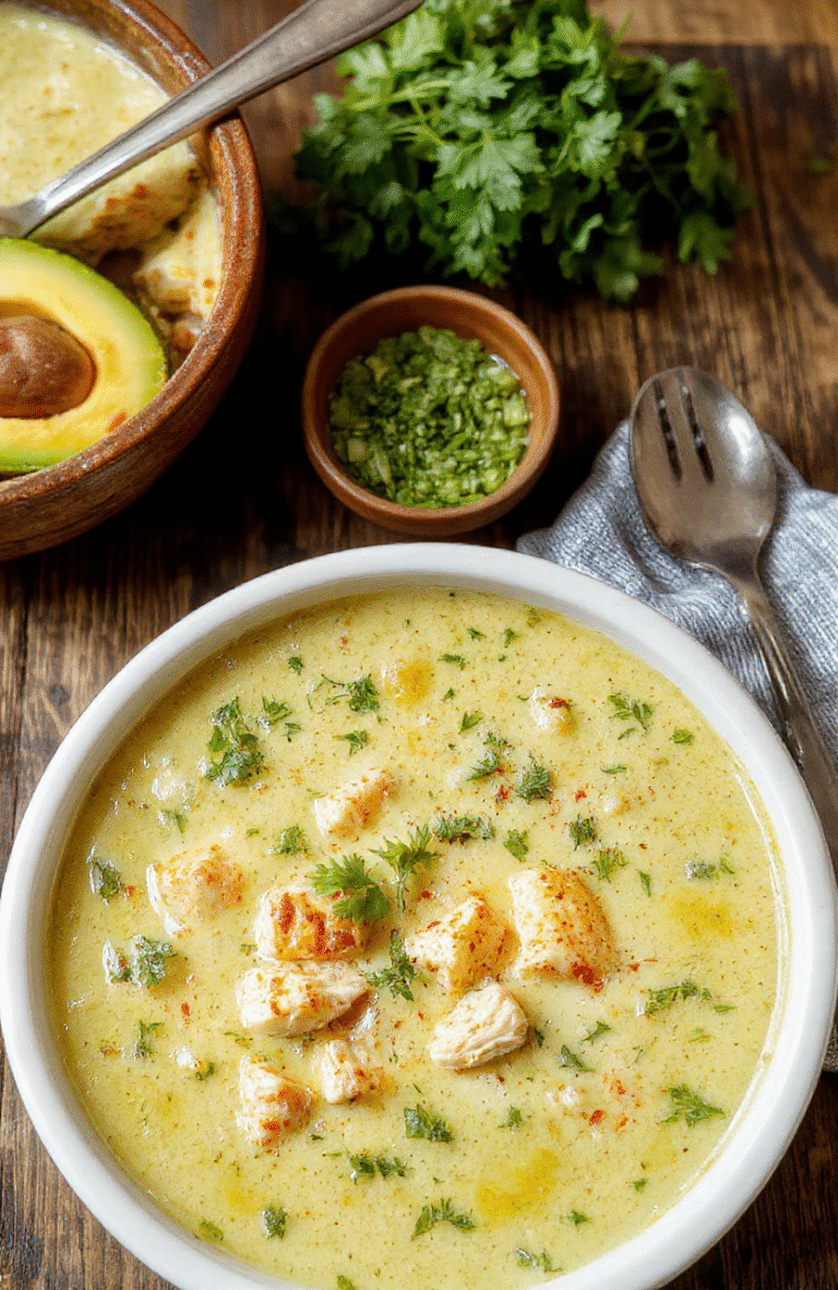 A vibrant bowl of creamy green chicken enchiladas soup garnished with fresh cilantro and sliced jalapenos, served in a rustic white bowl on a wooden table, with hints of shredded cheese melting on top, surrounded by flour tortillas and lime wedges, showcasing a comforting, colorful, and textured dish.