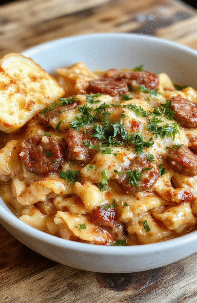 A vibrant bowl of creamy Italian sausage orzo garnished with fresh herbs, featuring tender sausage, al dente orzo, and a rich, cheesy sauce, styled on a rustic wooden surface with fresh ingredients around.