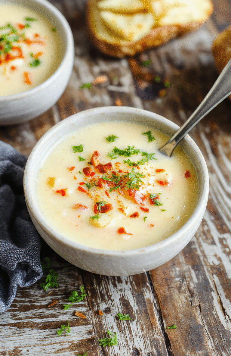 A warm bowl of creamy loaded crockpot potato soup topped with shredded cheese, chopped green onions, and crispy bacon bits. The soup is served in a rustic white bowl on a wooden surface, with a spoon partially dipped in, showcasing its smooth texture. The toppings are vibrant and fresh, contrasting with the rich, creamy soup, styled simply for an inviting and appetizing presentation.