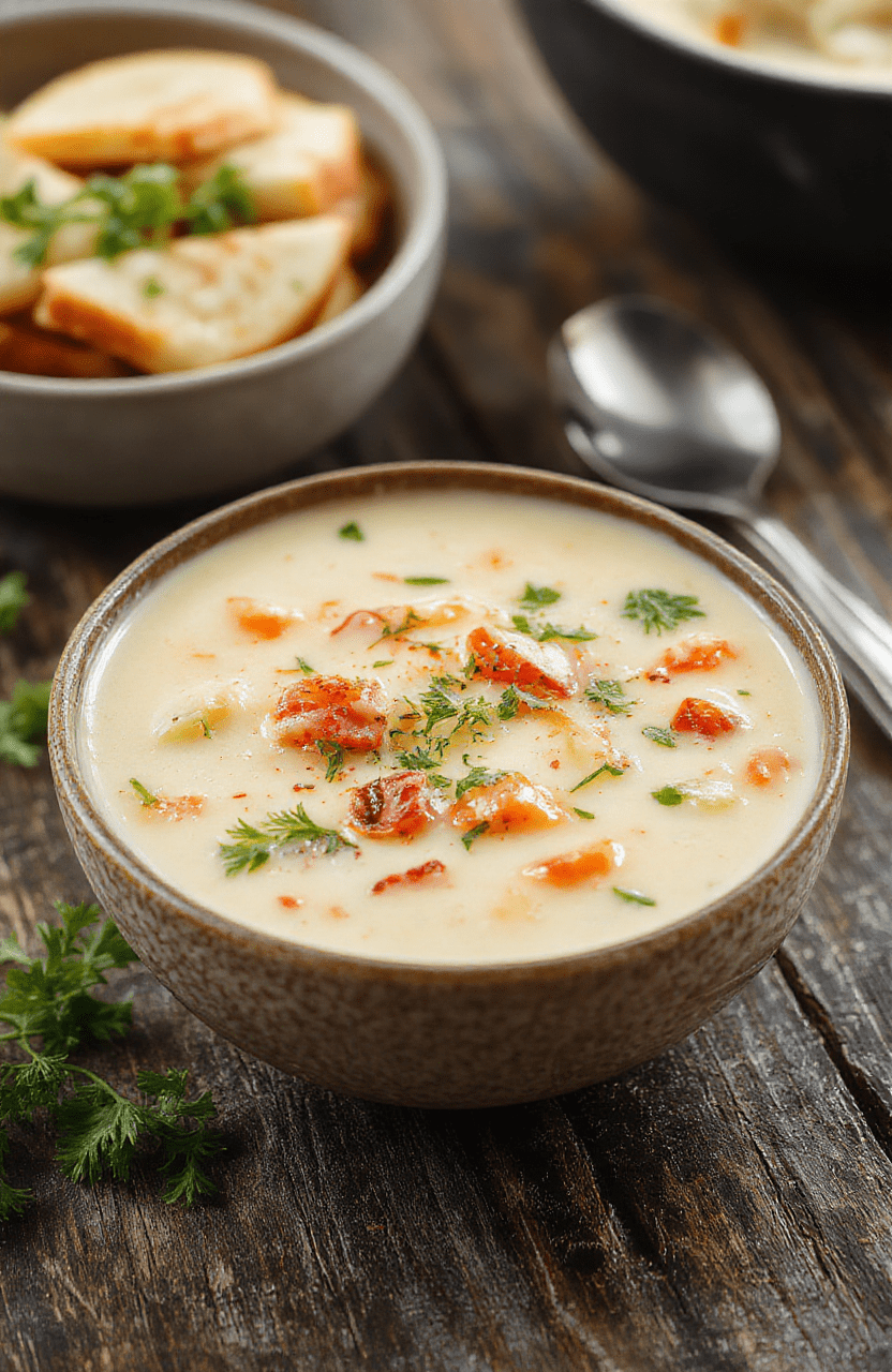 A vibrant bowl of creamy vegetable soup, garnished with fresh herbs, showcasing colorful carrots, celery, and leafy greens, served in a rustic white bowl on a wooden table, with a spoon and a napkin nearby, inviting warmth and comfort.