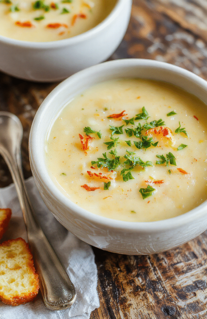 A warm bowl of creamy potato soup topped with chopped chives and melted cheese, served on a rustic wooden table. The soup has a smooth, velvety texture with steam rising, surrounded by ingredients like potatoes, cream, and herbs, styled with a cozy, inviting atmosphere, colorful garnishes, and a soft natural light highlighting the rich textures.