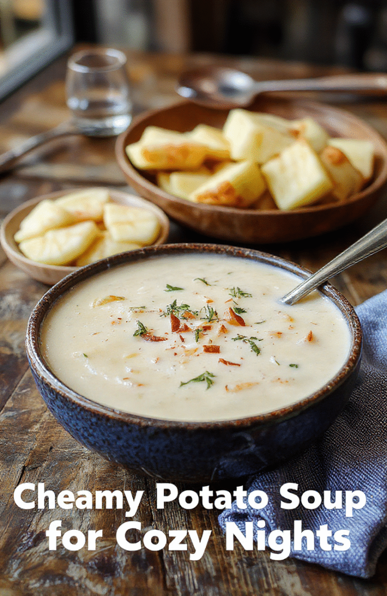 A bowl of creamy potato soup topped with chopped chives and a dollop of sour cream, resting on a rustic wooden table with a spoon beside it, vibrant colors, thick texture, garnished with herbs.