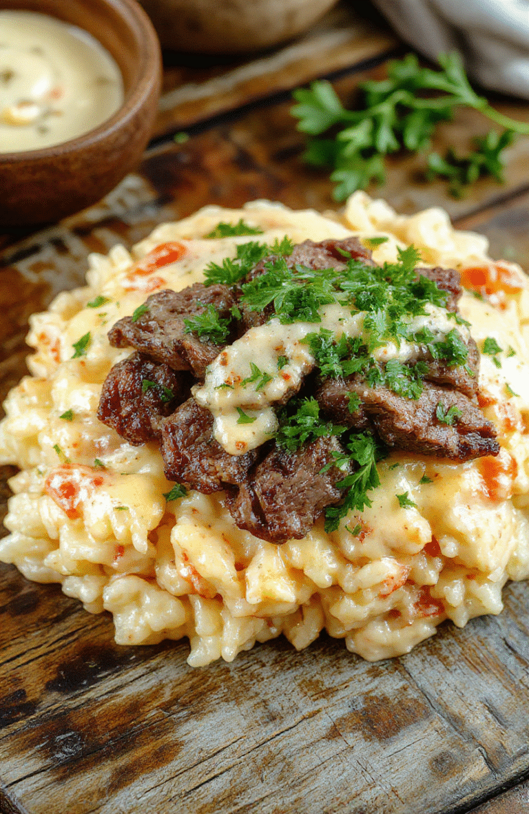A vibrant plate of creamy queso rice topped with juicy steak strips, garnished with fresh herbs and served on a rustic wooden table.