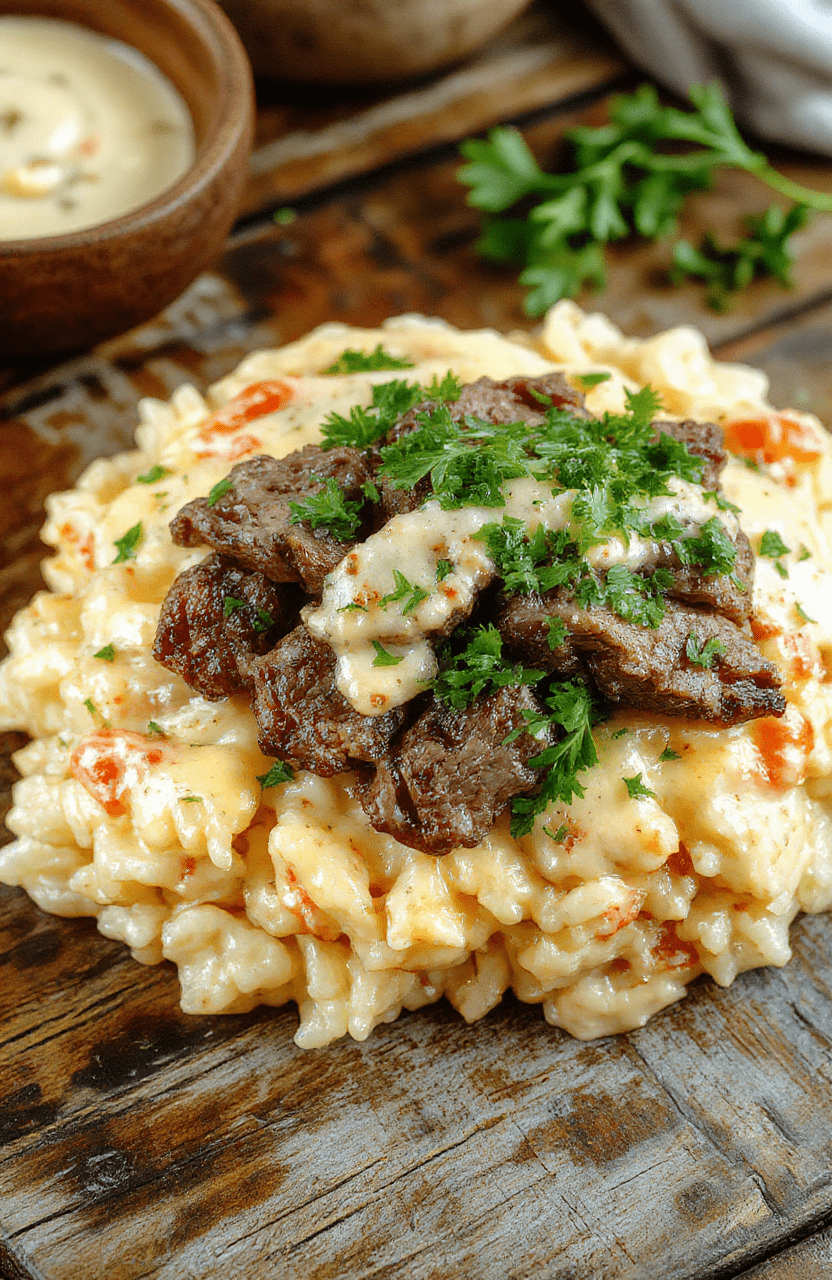 A vibrant plate of creamy queso rice topped with juicy steak strips, garnished with fresh herbs and served on a rustic wooden table.