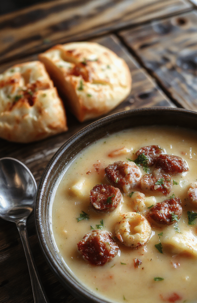 A vibrant bowl of creamy sausage and tortellini soup featuring browned sausage chunks, tender tortellini, and fresh herbs in a creamy broth, served on a rustic wooden table with a spoon and a slice of crusty bread, styled casually for inviting presentation.