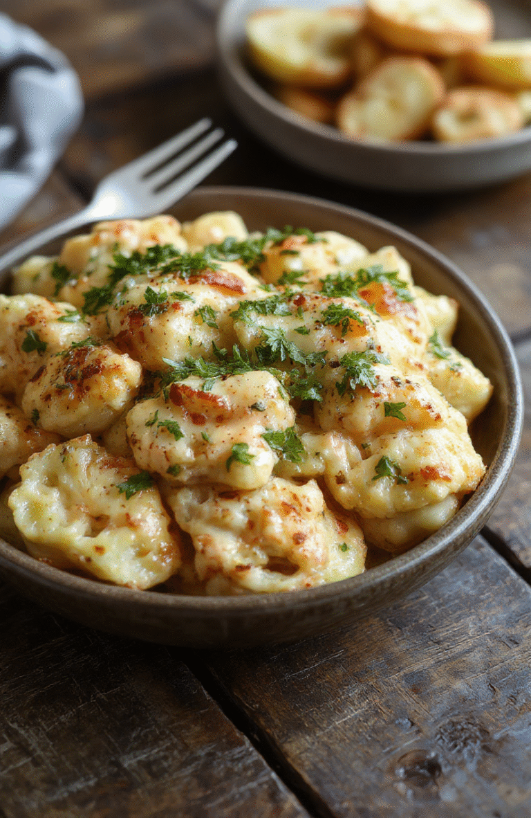 A vibrant white bowl filled with creamy vegan butter cauliflower, garnished with fresh herbs and a drizzle of sauce, resting on a rustic wooden table. The cauliflower florets are coated in a luscious sauce, with a golden-brown crust visible on some pieces. The scene is brightly lit, emphasizing the rich textures and inviting colors of the dish, styled simply with a natural, cozy vibe.