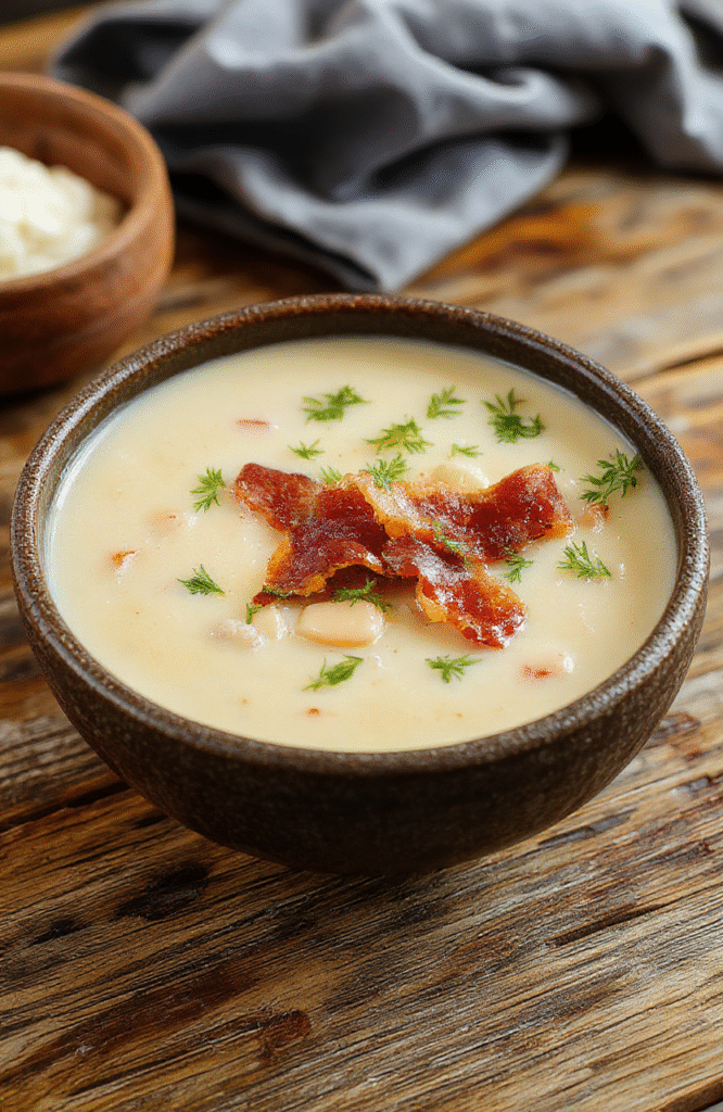 A bowl of creamy white bean soup garnished with crispy bacon bits, served on a rustic wooden table with fresh herbs and crusty bread in the background. The soup has a smooth texture, topped with drizzles of olive oil and sprinkled with black pepper, showcasing a warm and inviting presentation.