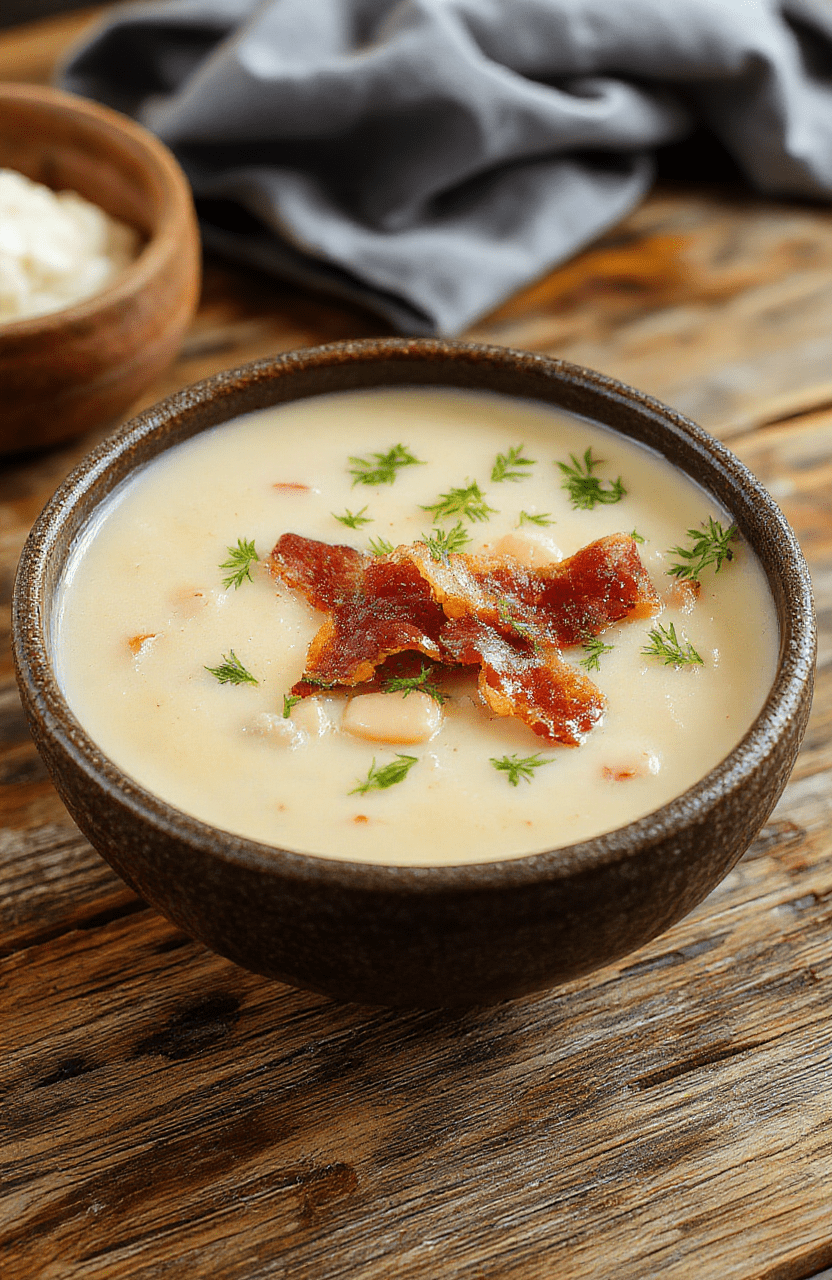A bowl of creamy white bean soup garnished with crispy bacon bits, served on a rustic wooden table with fresh herbs and crusty bread in the background. The soup has a smooth texture, topped with drizzles of olive oil and sprinkled with black pepper, showcasing a warm and inviting presentation.
