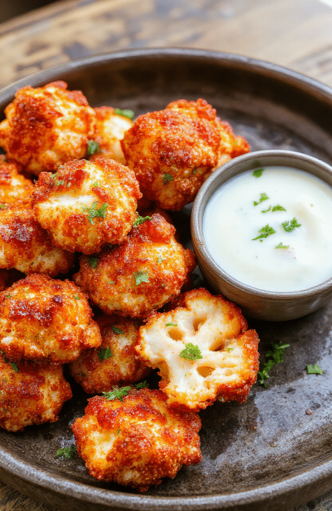 A plate of golden crispy cauliflower florets coated in spicy buffalo sauce, garnished with fresh parsley and served on a rustic wooden platter, with a side of creamy ranch dip, vibrant colors, inviting presentation, textured coating, appetizing look.