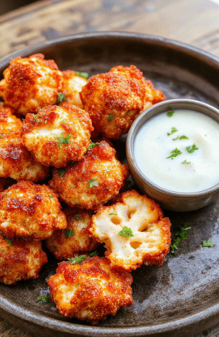 A plate of golden crispy cauliflower florets coated in spicy buffalo sauce, garnished with fresh parsley and served on a rustic wooden platter, with a side of creamy ranch dip, vibrant colors, inviting presentation, textured coating, appetizing look.