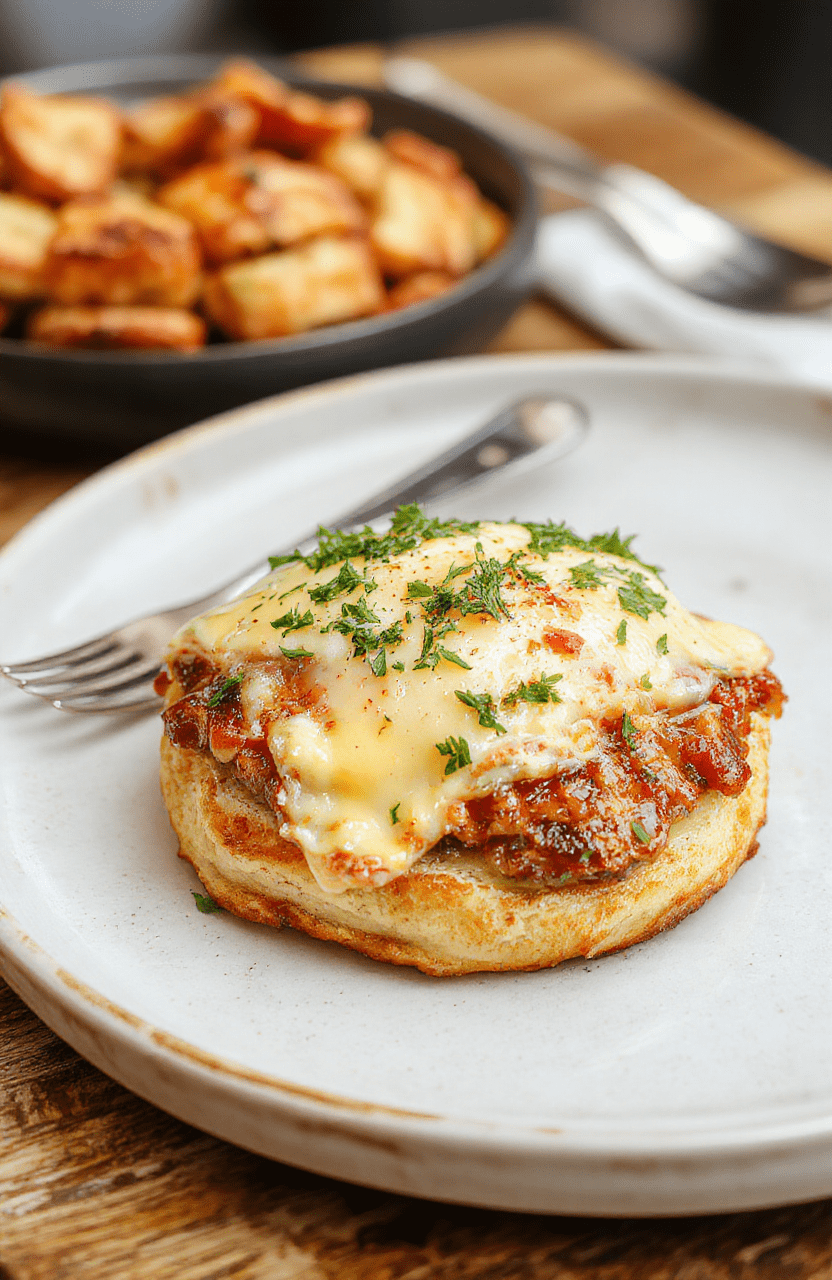 A golden-brown puff pastry topped with a perfectly cooked fried egg, melted cheese, and ham slices on a rustic white plate. The dish is garnished with fresh herbs, with a flaky, crispy crust and gooey cheese visible. The background features a cozy brunch setting with natural daylight illuminating the vibrant colors and textures.