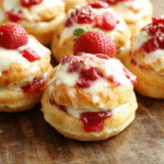 A beautifully arranged plate of golden cream puffs filled with vibrant strawberry cream, garnished with fresh strawberries and powdered sugar, on a rustic wooden surface, styled with soft natural light highlighting the textures and creamy filling.