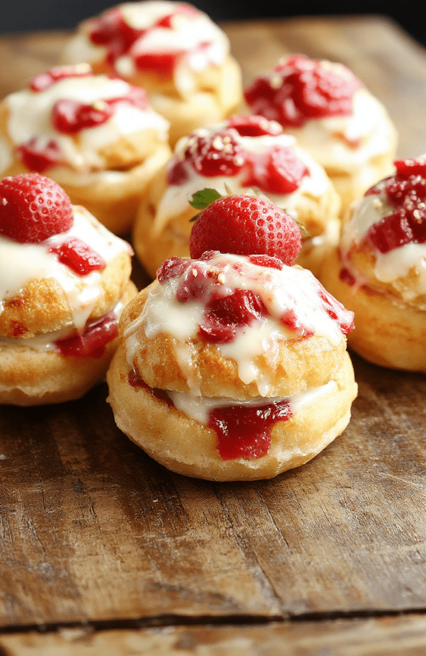 A beautifully arranged plate of golden cream puffs filled with vibrant strawberry cream, garnished with fresh strawberries and powdered sugar, on a rustic wooden surface, styled with soft natural light highlighting the textures and creamy filling.