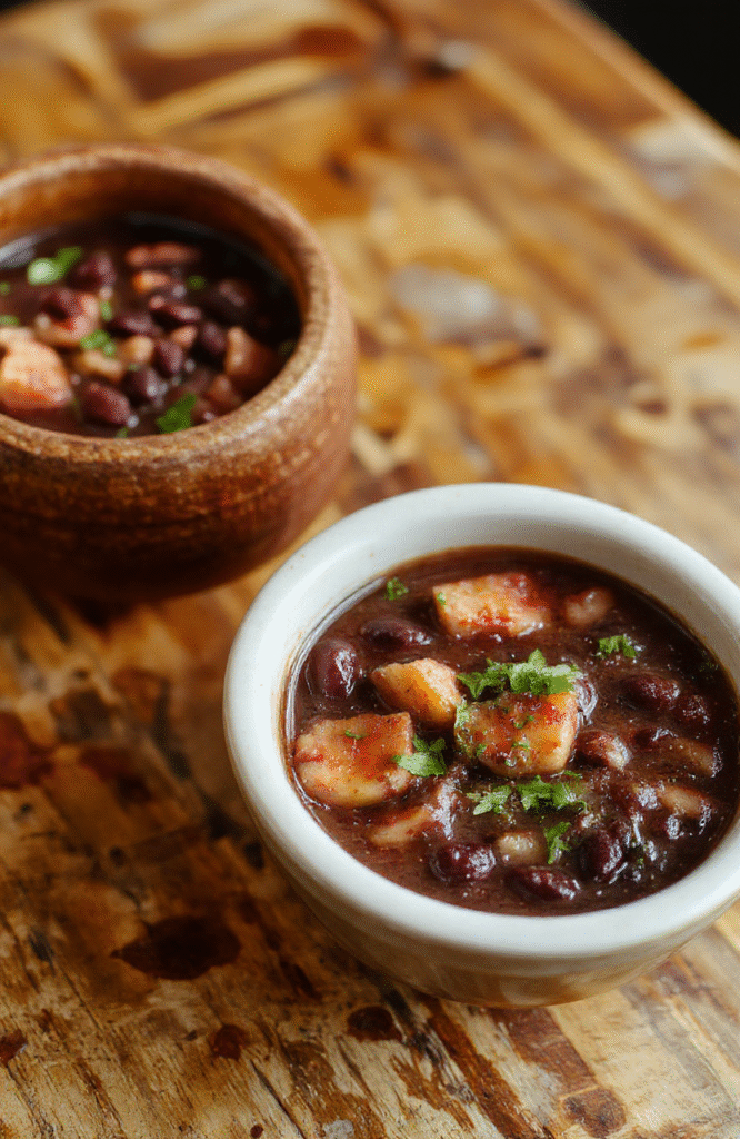 A vibrant bowl of black bean soup garnished with fresh cilantro, chopped tomatoes, and a dollop of sour cream, served on a rustic wooden table with a spoon and a slice of crusty bread.