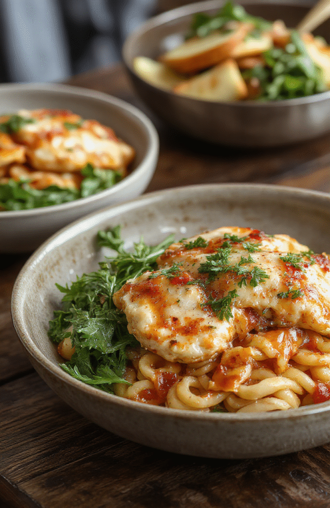 A vibrant plate of Cajun chicken atop fluffy orzo pasta, garnished with green herbs and colorful bell peppers, set on a rustic wooden table with natural lighting, showcasing textures and bold spices.