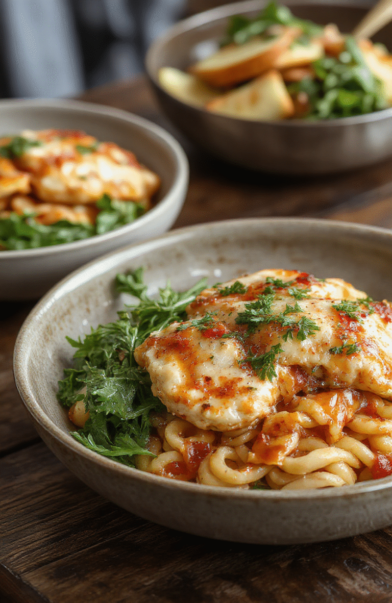 A vibrant plate of Cajun chicken atop fluffy orzo pasta, garnished with green herbs and colorful bell peppers, set on a rustic wooden table with natural lighting, showcasing textures and bold spices.