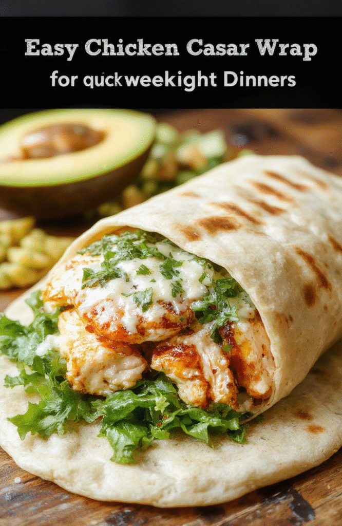 A colorful chicken Caesar wrap sliced open to reveal juicy grilled chicken, crisp romaine lettuce, creamy Caesar dressing, and grated Parmesan cheese, wrapped in a golden tortilla, arranged on a rustic wooden surface with fresh ingredients around.