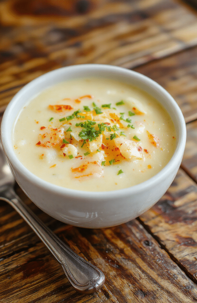 A warm bowl of creamy potato soup garnished with chopped chives and shredded cheese, placed on a rustic wooden table with soft natural daylight illuminating the vibrant colors and inviting textures.