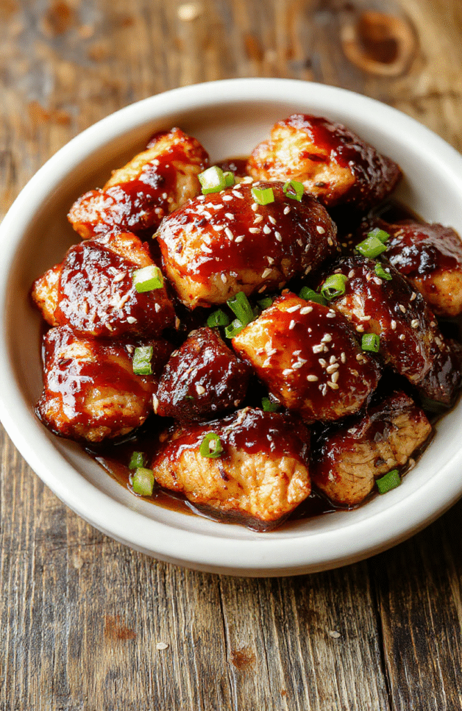 Brightly colored sticky teriyaki chicken served over white rice on a wooden platter, garnished with sesame seeds and chopped green onions, with a glossy glaze and fresh ingredients around for a cozy, inviting meal