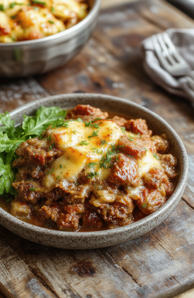A hearty serving of the Easy Ground Beef Hobo Casserole on a rustic white plate, topped with melted cheese and fresh chopped herbs, surrounded by cooked ground beef, vegetables, and crispy potatoes, styled on a wooden table with natural light highlighting the textures and vibrant colors.