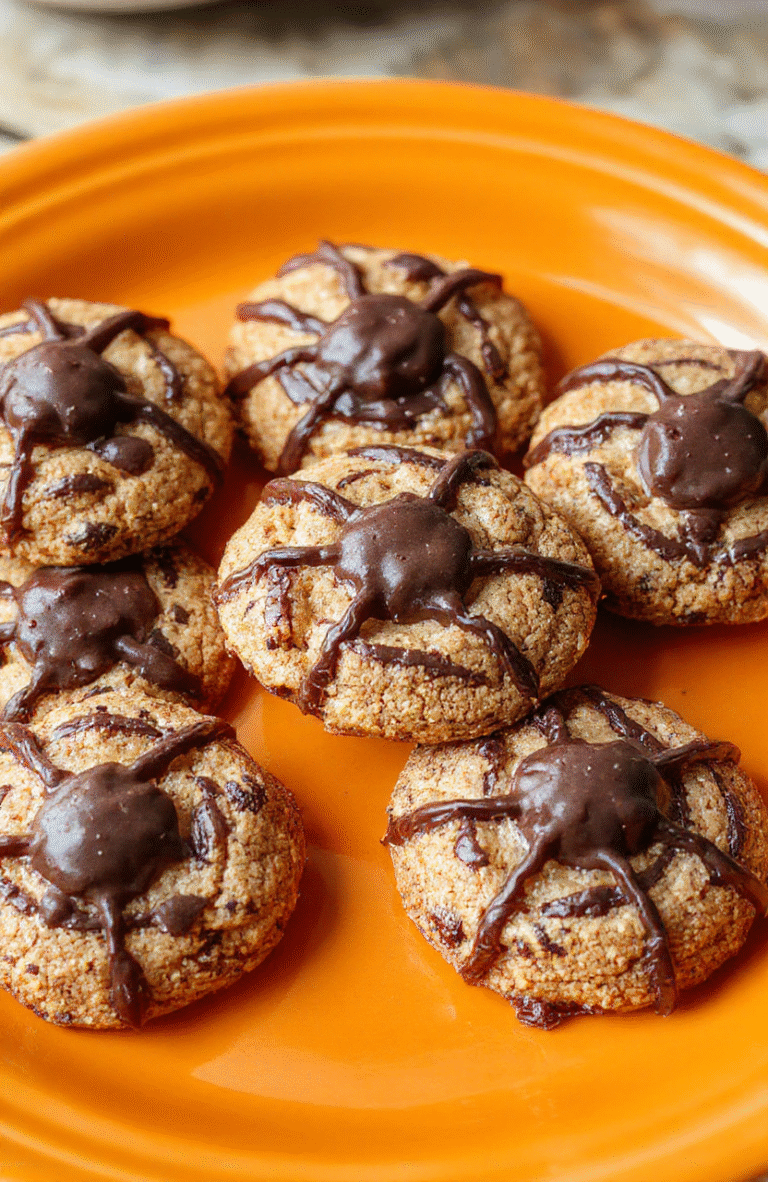 Colorful Halloween-themed spider cookies with chocolate and peanut butter, decorated with candy eyes on a festive orange and black plate, textured cookies with a shiny coating, playful and spooky for Halloween fun