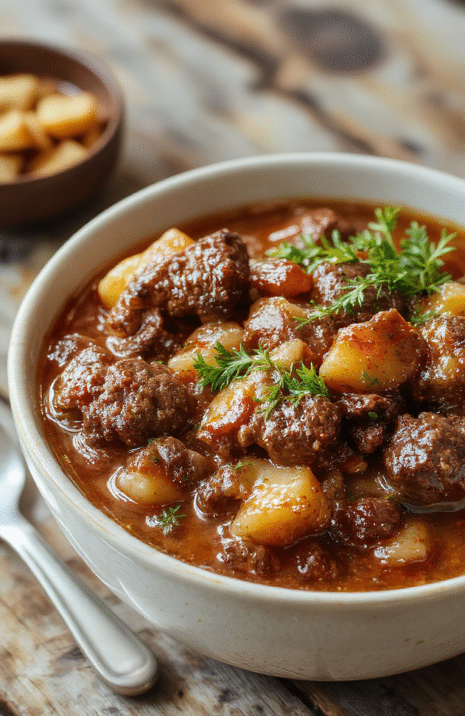 A hearty bowl of homemade beef stew featuring tender chunks of beef, carrots, potatoes, and onions in a rich, savory broth, garnished with fresh herbs, served on a rustic wooden table with warm lighting emphasizing the comforting textures and vibrant colors.