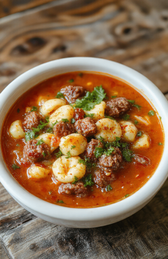 A vibrant bowl of Italian sausage tortellini soup featuring plump tortellini, slices of savory sausage, fresh herbs, and melted cheese, served in a rustic white bowl on a textured wooden table with a background of fresh ingredients and a cozy kitchen setting.
