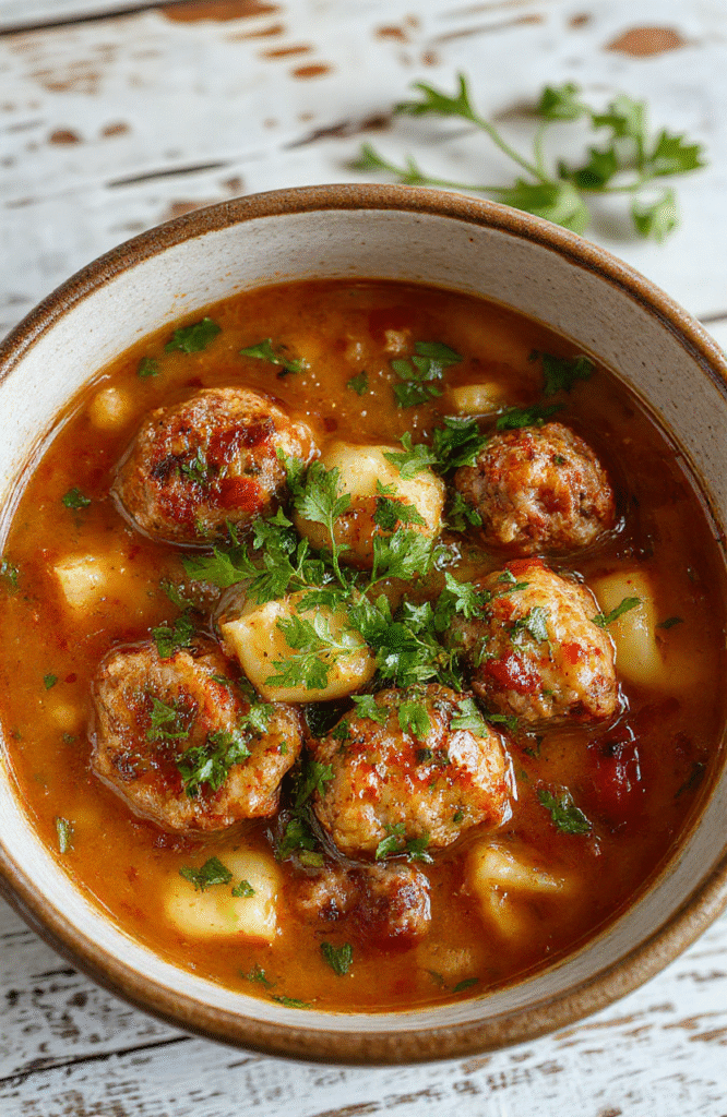 A vibrant bowl of meatball tortellini soup with colorful vegetables, garnished with fresh herbs, served in a rustic white bowl on a wooden table with a spoon, highlighting the hearty ingredients and rich broth with steam rising.