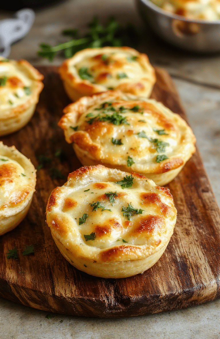 Colorful mini chicken pot pies arranged on a rustic wooden platter with flaky golden crusts, filled with creamy chicken and vegetable filling, garnished with fresh herbs, styled simply with a neutral background.