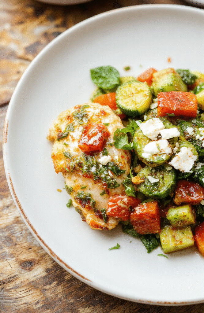 A vibrant and colorful plate featuring perfectly cooked pesto chicken breasts topped with fresh basil, accompanied by roasted mixed vegetables including cherry tomatoes, zucchini, and bell peppers, all arranged neatly on a rustic white plate with a drizzle of pesto sauce and garnished with parmesan cheese, styled with fresh herbs for a fresh and appetizing look.