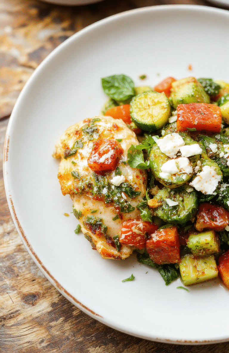 A vibrant and colorful plate featuring perfectly cooked pesto chicken breasts topped with fresh basil, accompanied by roasted mixed vegetables including cherry tomatoes, zucchini, and bell peppers, all arranged neatly on a rustic white plate with a drizzle of pesto sauce and garnished with parmesan cheese, styled with fresh herbs for a fresh and appetizing look.