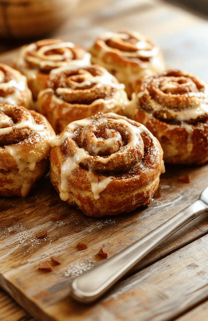 A close-up of golden-brown cinnamon rolls topped with a generous drizzle of cream cheese glaze, surrounded by pumpkin chunks and cinnamon swirls, styled on a rustic wooden table with soft natural lighting.