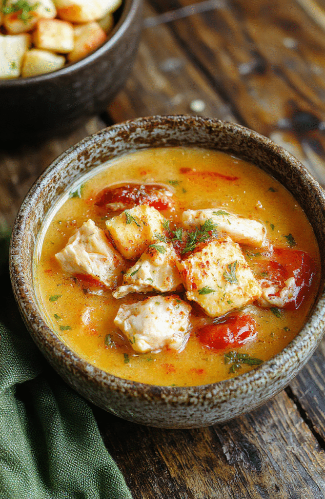 A steaming bowl of hearty chicken stew with tender chicken chunks, vegetables, and herbs, served in a rustic bowl on a wooden table. The rich broth glistens, with steam rising, capturing a cozy and inviting ambiance, styled with fresh herbs and a folded napkin nearby.