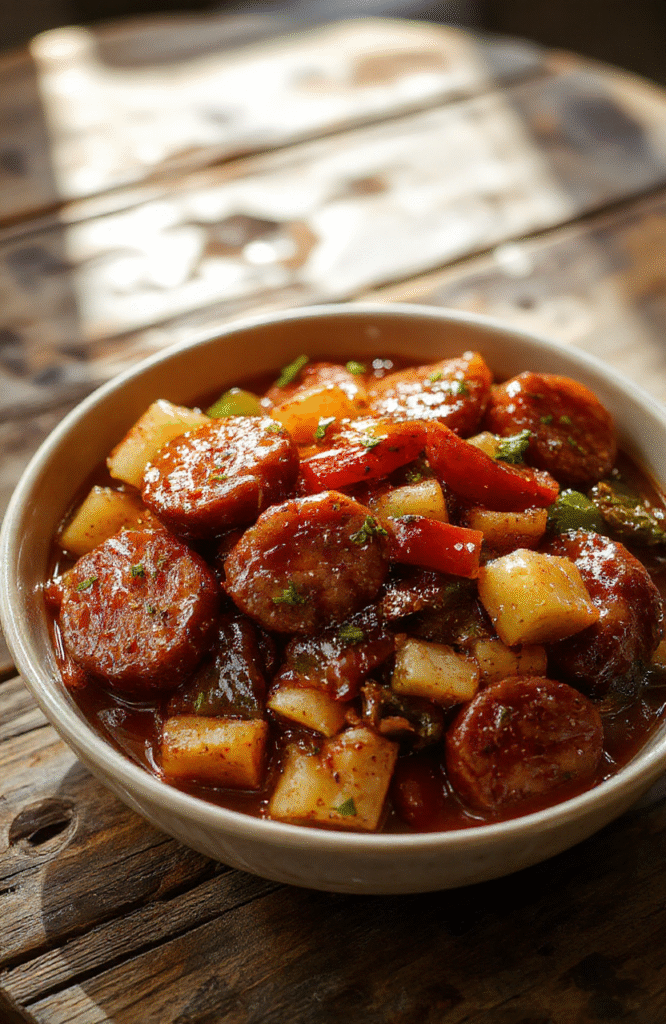 A colorful plate featuring sliced sausage, vibrant bell peppers in red, yellow, and green, garnished with fresh herbs on a rustic wooden table.