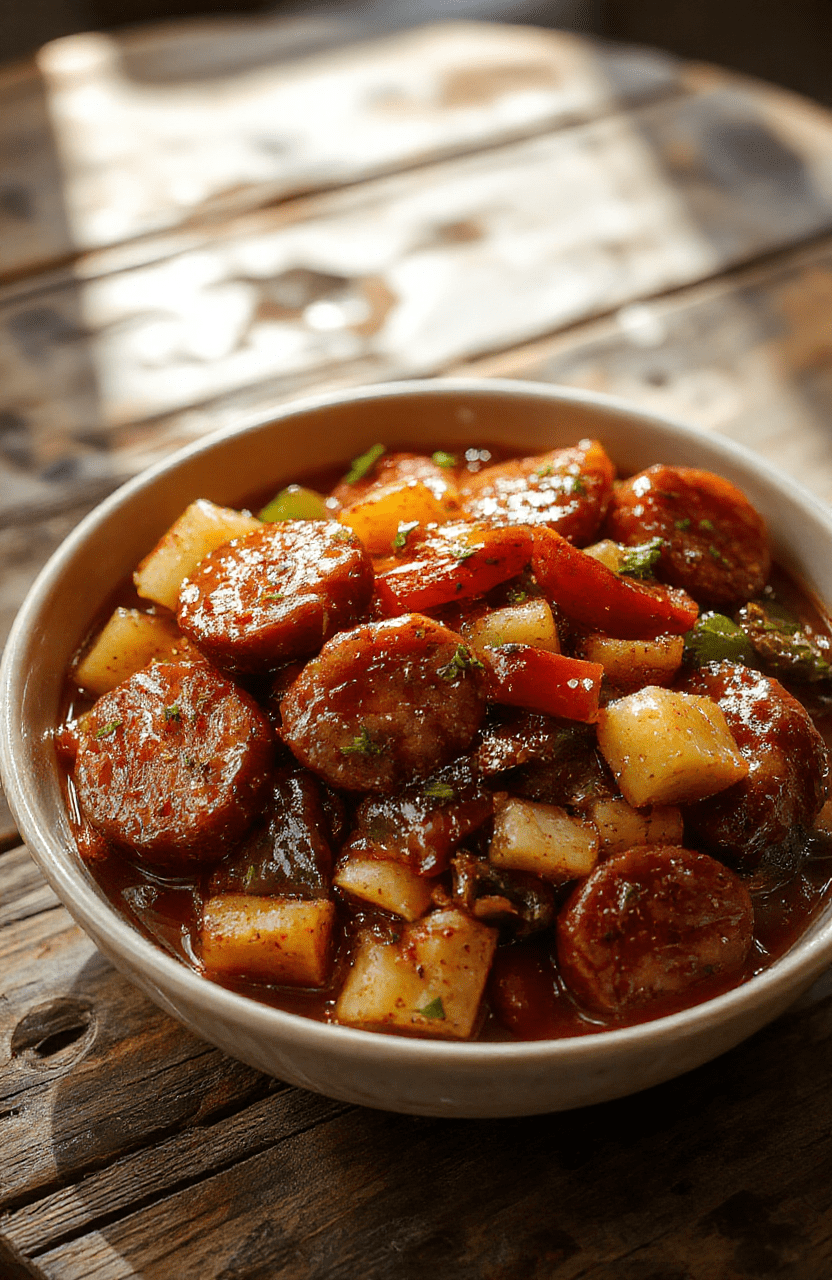 A colorful plate featuring sliced sausage, vibrant bell peppers in red, yellow, and green, garnished with fresh herbs on a rustic wooden table.